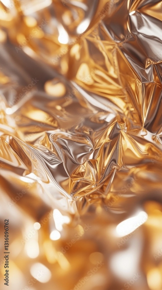 Poster Reflective crinkles of golden foil intertwine to form an elegant tapestry of light and shadow, inviting viewers to explore the intricate textures and colors that dance across the surface