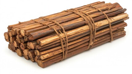 Bundle of brown sticks tied together with twine, isolated on a white background. The sticks are various lengths and thicknesses, creating a rustic and textured appearance.