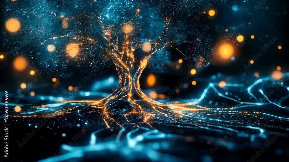 Poster a stylized tree composed of interconnected lines and nodes, resembling a neural network or data visu