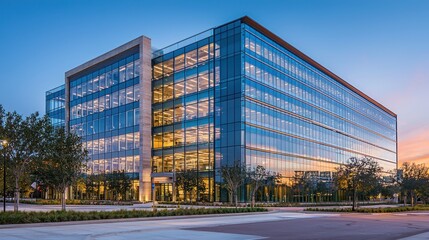 Fototapeta premium Modern glass office building at dusk.
