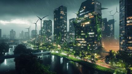 Fototapeta premium Futuristic eco-city at night, rain, wind turbines.