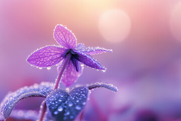 朝露に煌めく紫の花と幻想的な光の調和