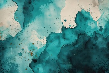 Vibrant Abstract Teal Watercolor Background with Halftone Texture and Grunge Effects