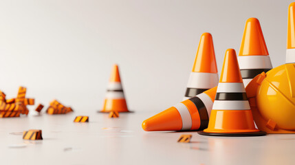 Orange traffic cones and yellow hard hat are arranged on white surface, symbolizing construction and safety. scene includes scattered caution symbols, emphasizing work zone environment