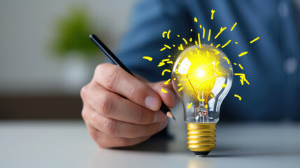 person holding pencil draws glowing light bulb, symbolizing creativity and innovation. bright yellow light and dynamic sketch lines convey sense of inspiration and new ideas