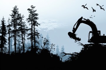 A striking silhouette of an excavator working amidst a dense forest. Birds fly in the sky, creating a dynamic scene that blends machinery with nature.