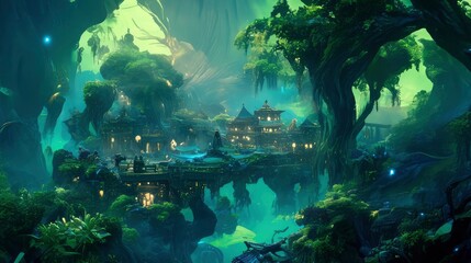 Obraz premium Enchanting Luminescent Forest Village - Fantasy Landscape