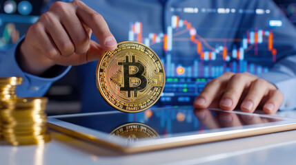 businessman holds Bitcoin coin over tablet with digital stock market chart in background, symbolizing cryptocurrency investment and trading