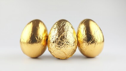 Gold foil wrapped chocolate egg, isolated for elegant designs, clear.