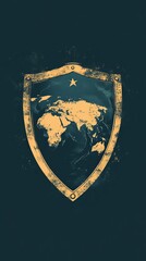 Fototapeta premium This vintage shield design features a distressed world map and a star element, perfect for themes of travel and adventure. Ideal for artistic projects.
