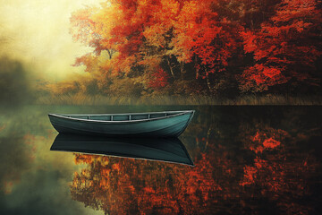 Tranquil Autumn Lake with a wooden boat under vibrant red maple trees.  