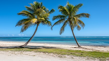 Obraz premium Two Palm Trees on a Sunny Tropical Beach