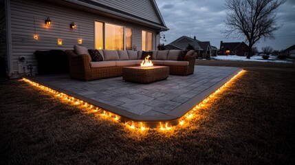 Evening Patio Scene  Fire Pit  Rattan Furniture  Outdoor Lighting