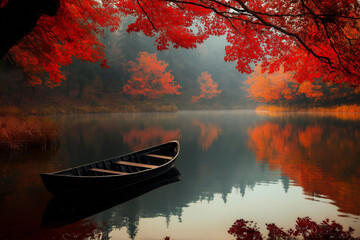 Tranquil Autumn Lake with a wooden boat under vibrant red maple trees.  
