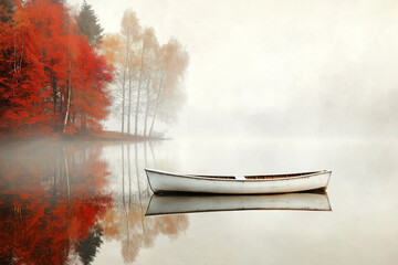 Tranquil Autumn Lake with a wooden boat under vibrant red maple trees.  