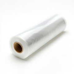 Roll of clear plastic food wrap on a white background. The roll is tightly wound and the plastic is smooth and shiny.