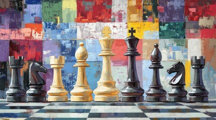 Chess pieces arranged on a board against a vibrant abstract background.