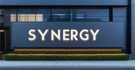 Obraz premium Minimalist steel billboard with synergy in obsidian and glowing white mounted at entrance of corporate headquarters designed for innovation