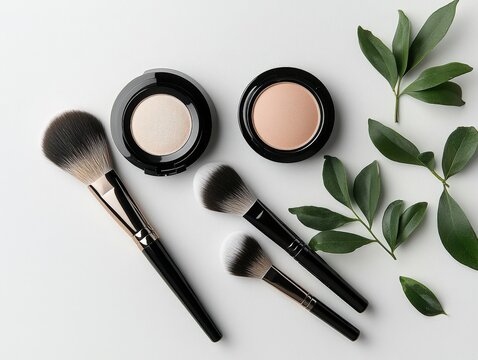 A beautiful arrangement of makeup products and a brush on a clean surface for hair and makeup tutorial inspiration - Powered by Adobe