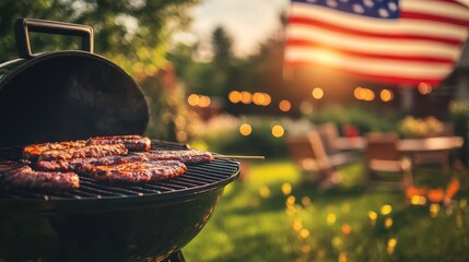 Backyard barbecue and grill food party with american flags on blurred background. 4th of july, independence day of united states