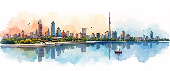 A Watercolor of the Toronto skyline and a boat on the water