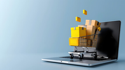 shopping cart filled with packages emerges from laptop screen, symbolizing online shopping and delivery. concept highlights convenience and efficiency of e commerce