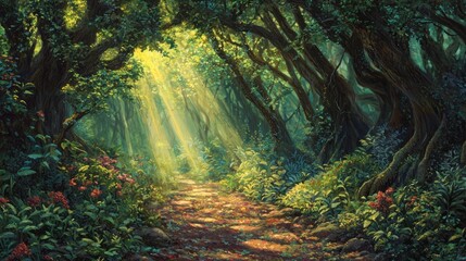 Naklejka premium Sunbeams illuminate a magical forest path.