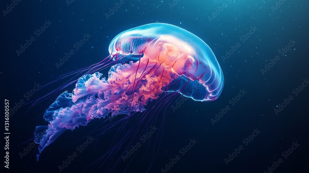 Poster a mesmerizing jellyfish, illuminated with vibrant colors, dances through the calm, deep blue waters 