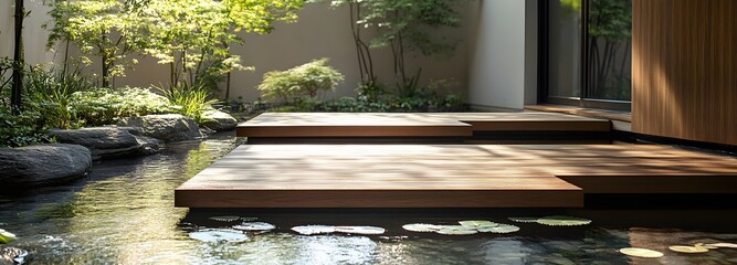 A floating podium in a modern, Zen-style water garden, radiating peaceful and festive energy