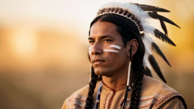 Young Native American warrior wearing a traditional feathered headdress
