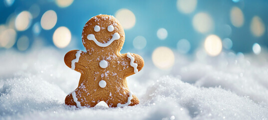 Smiling Gingerbread Man in the Snow with Sky Blue and Bokeh Lights, Minimalist Style