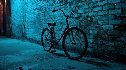 Vintage bicycle leaning against a brick wall at night.