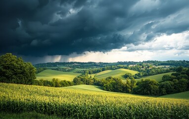 Obraz premium Dramatic clouds gather over rolling hills and cornfields on a summer afternoon