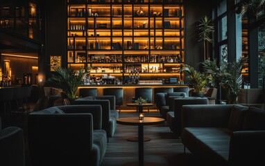 Elegant lounge interior with ambient lighting and stylish seating in a modern bar