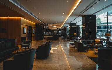 Luxurious hotel lobby interior design features modern furnishings and elegant lighting in a metropolitan area