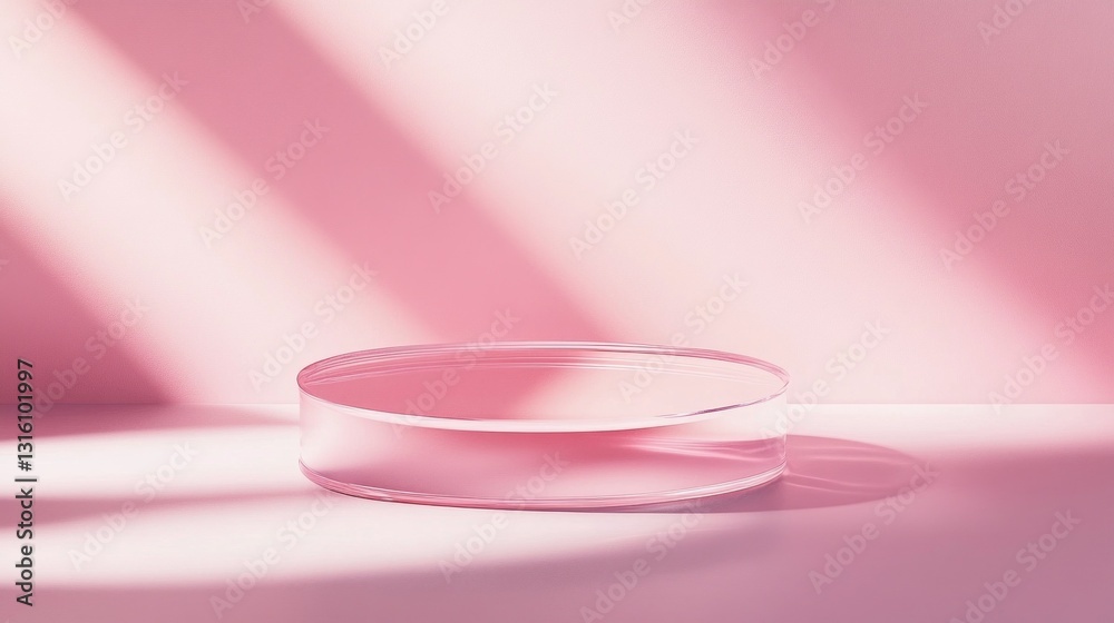 Poster A clear crystal dish rests gently on a pink surface, bathed in soft morning light. Subtle shadows and reflections create a calming atmosphere, inviting serenity and simplicity