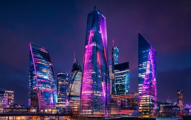 Obraz premium Skyscrapers illuminated by vibrant lights in an urban skyline at night in a bustling city