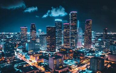 Obraz premium Vibrant night skyline of Houston, showcasing towering skyscrapers illuminated by colorful lights against a clear sky