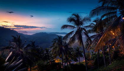 un couché de soleil tropical dans un ciel bleu crépusculaire