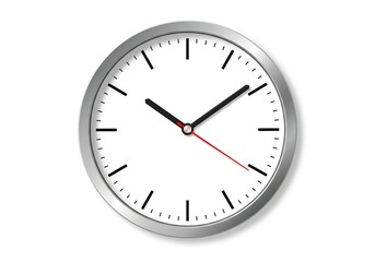 Silver Framed Wall Clock Showing Time on a White Background