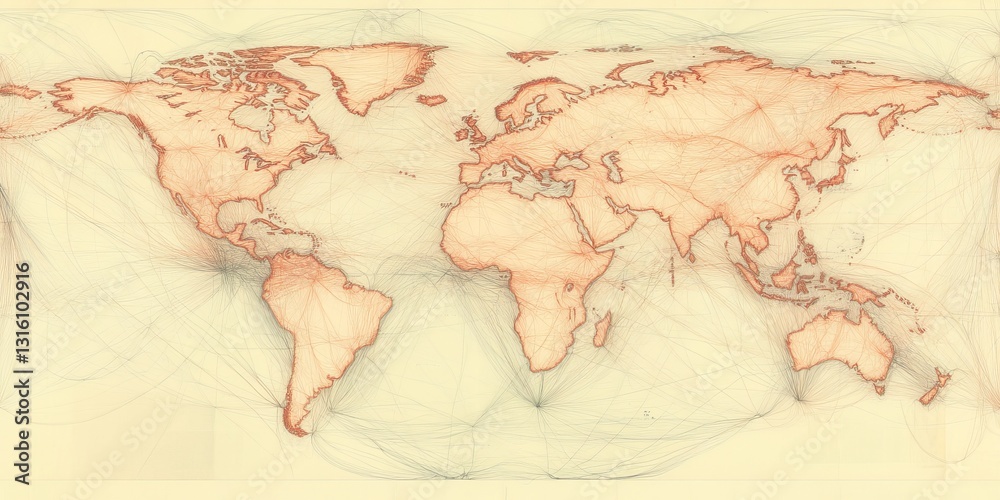 Poster this illustration of a world map features intricate geometric line patterns and connections, highlig