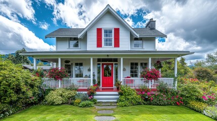 Charming white farmhouse with red accents, lush garden, sunny day