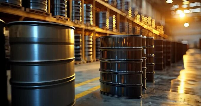 Dark Metal Barrels in Industrial Warehouse Setting