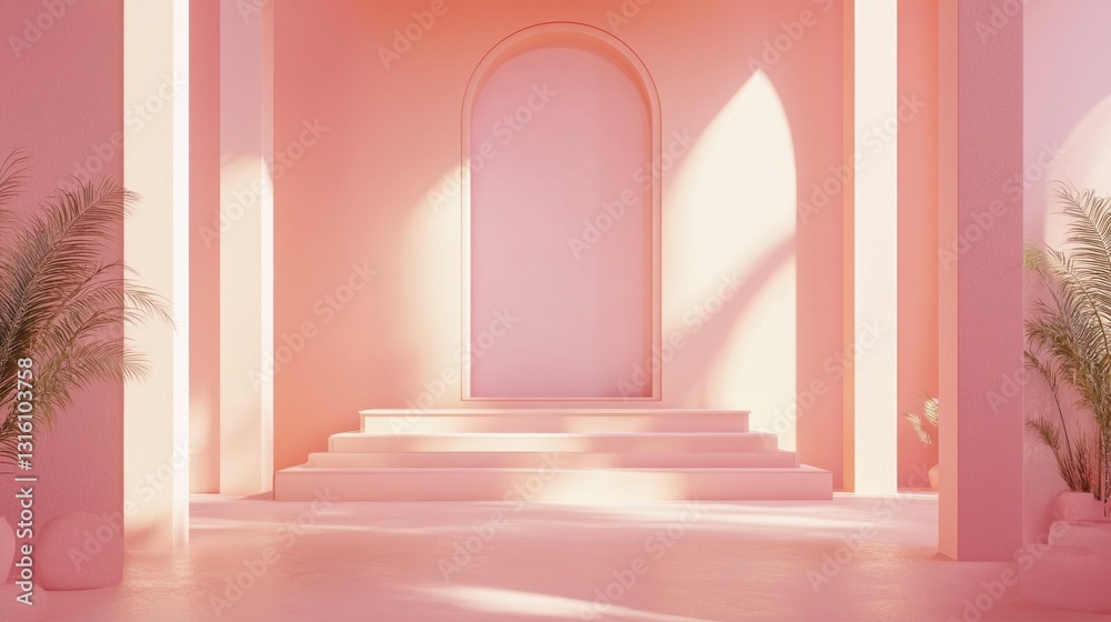 Poster soft pastel hues envelop a tranquil hall featuring gentle arches and lush greenery, creating a seren