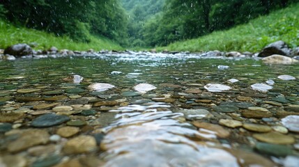 Peaceful Stream Flowing Through Lush Green Forest Surrounded by Smooth Pebbles and Raindrops Creating a Tranquil Atmosphere