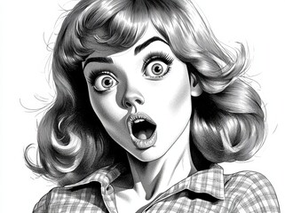 The illustration depicts a retro woman in a state of surprise and excitement, created using generative AI in a vintage style with a scratch board imitation, presented as a black and white PNG image