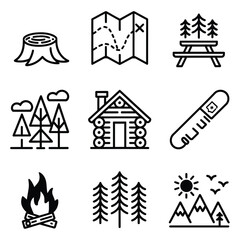 Obraz premium Minimalist Camping and Outdoor Adventure Icon Set – Line Art Wilderness Vector