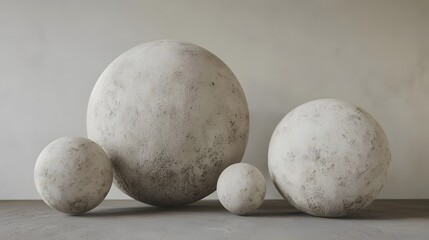 Fototapeta premium Four textured spherical objects of varying sizes on a minimalist background, showcasing design potential
