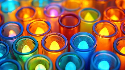 Close up view of numerous colorful LED candles arranged in glass holders, illuminated with warm and cool tones, creating a vibrant and decorative display.