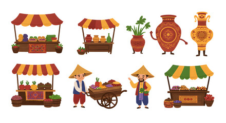 Oriental Market Scene - Vendor Stalls and Pottery